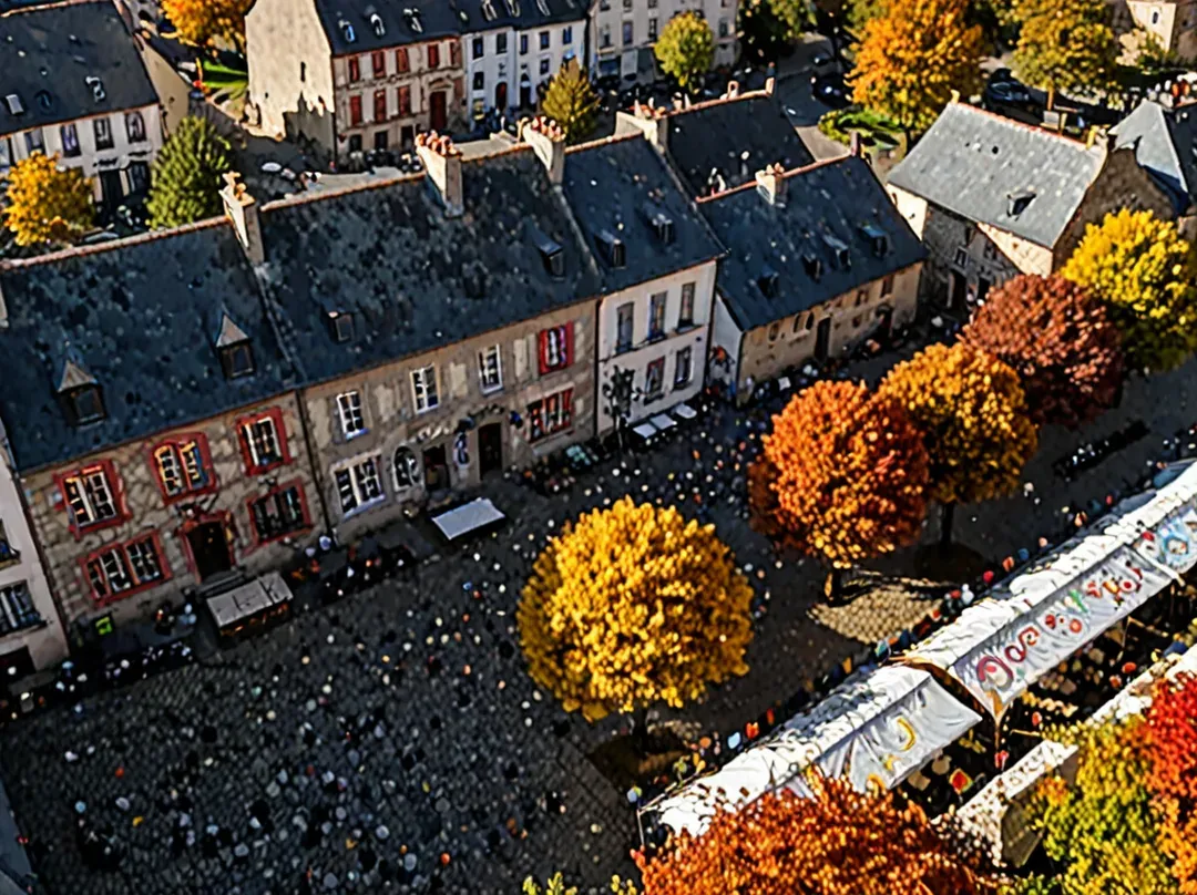 Vue aérienne de Felletin en automne avec la place du Marché animée par le festival