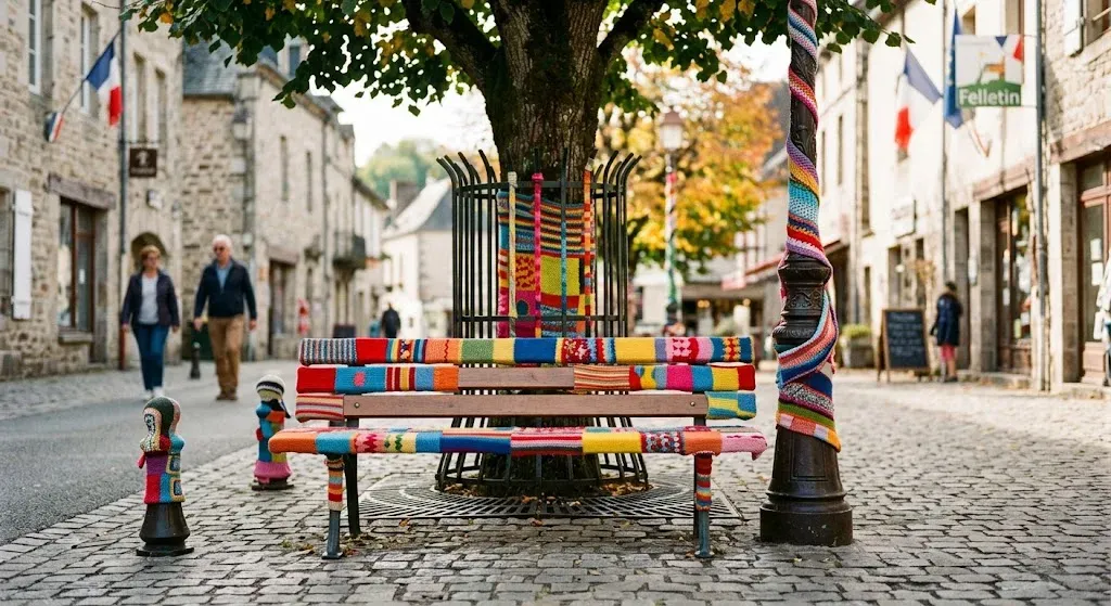 Banc public et arbre recouverts de tricot coloré — Tricot sur la Ville à Felletin
