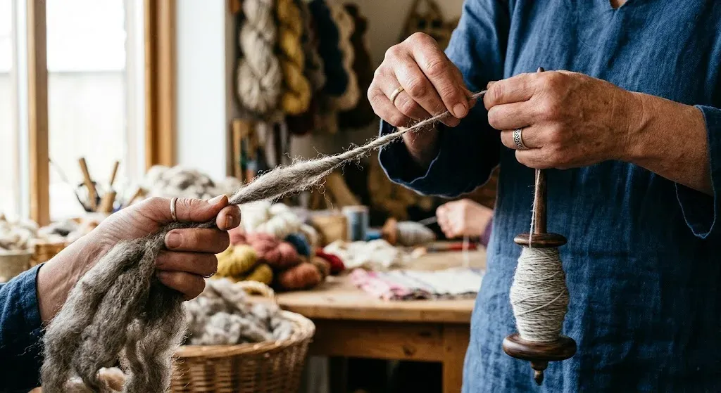 Atelier filage au fuseau : mains d’une fileuse tournant la laine brute