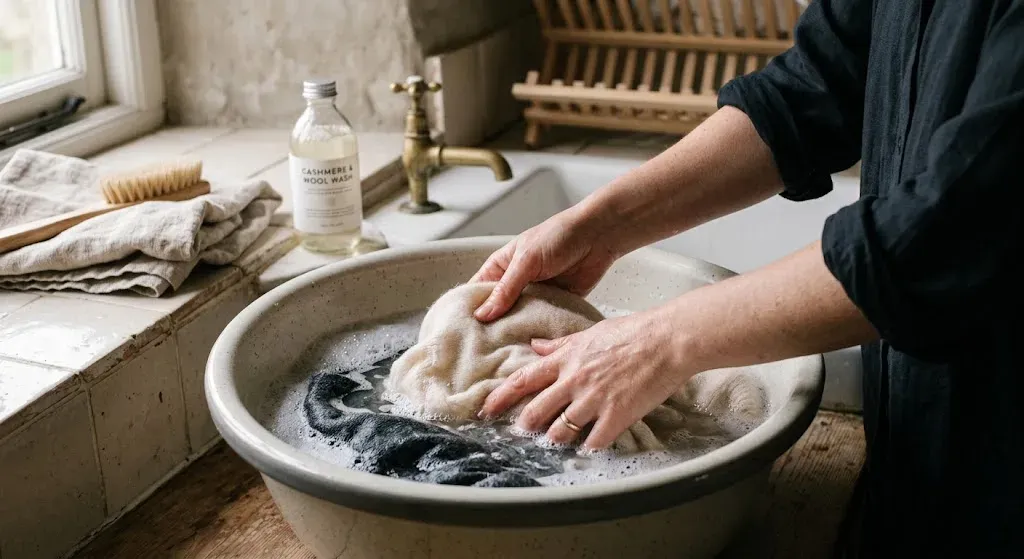 Lavage main d’un pull en cachemire dans une bassine d’eau tiède