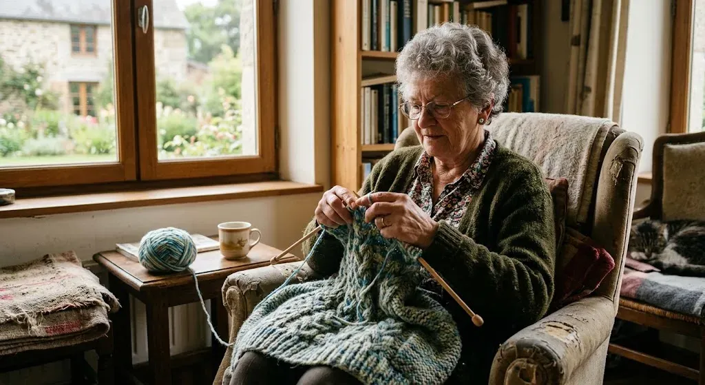 Femme tricotant un pull avec des aiguilles