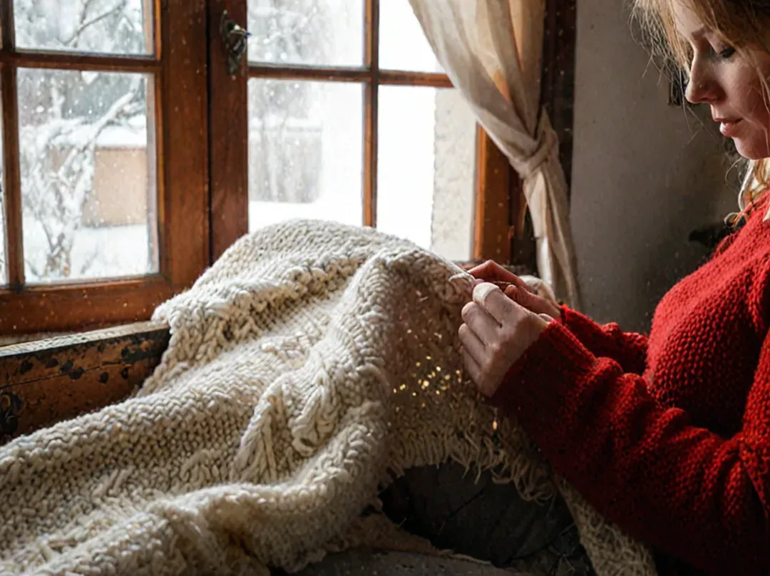Une femme tricotant confortablement dans un salon chaleureux