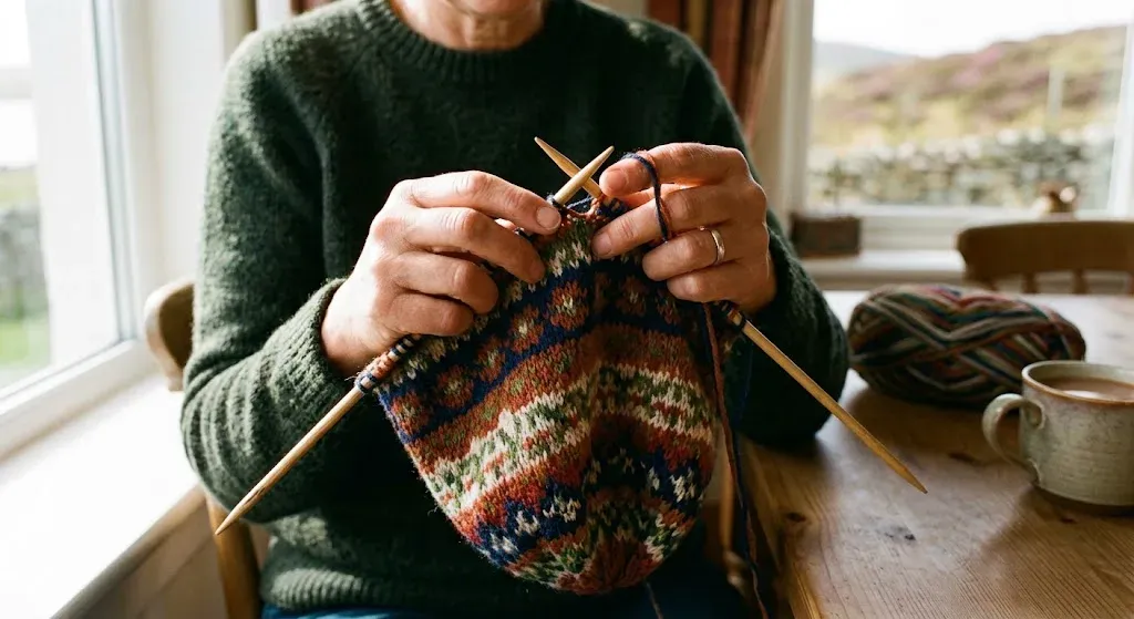 Tricoteuse réalisant un bonnet Fair Isle