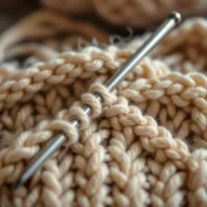 Gros plan d'un tricot en cours sur les aiguilles