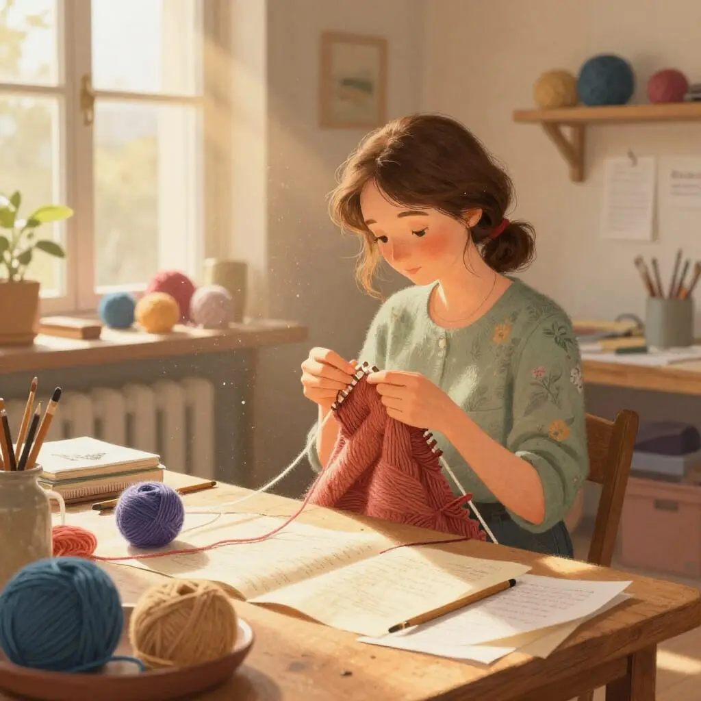 Artisan knitting with ethical wool in a bright studio