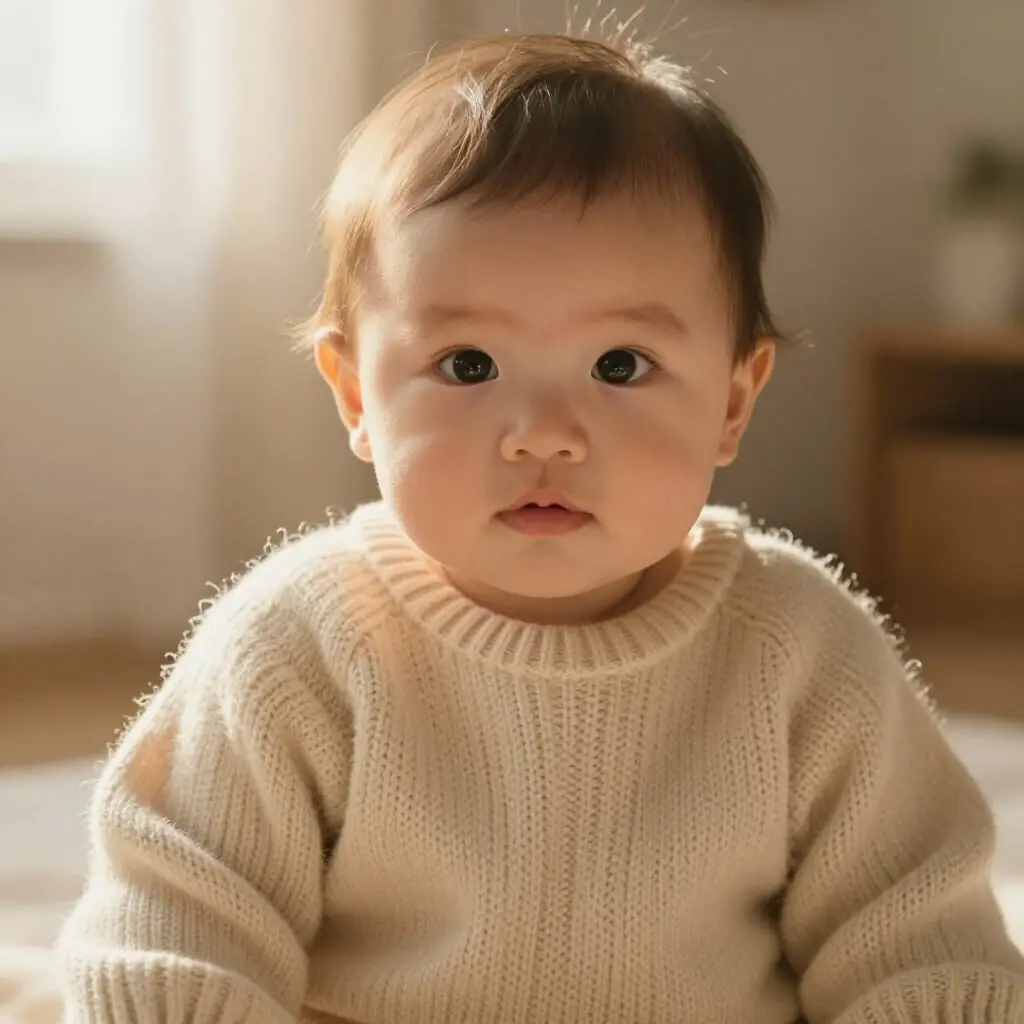 Baby in a sweater knitted with merino wool