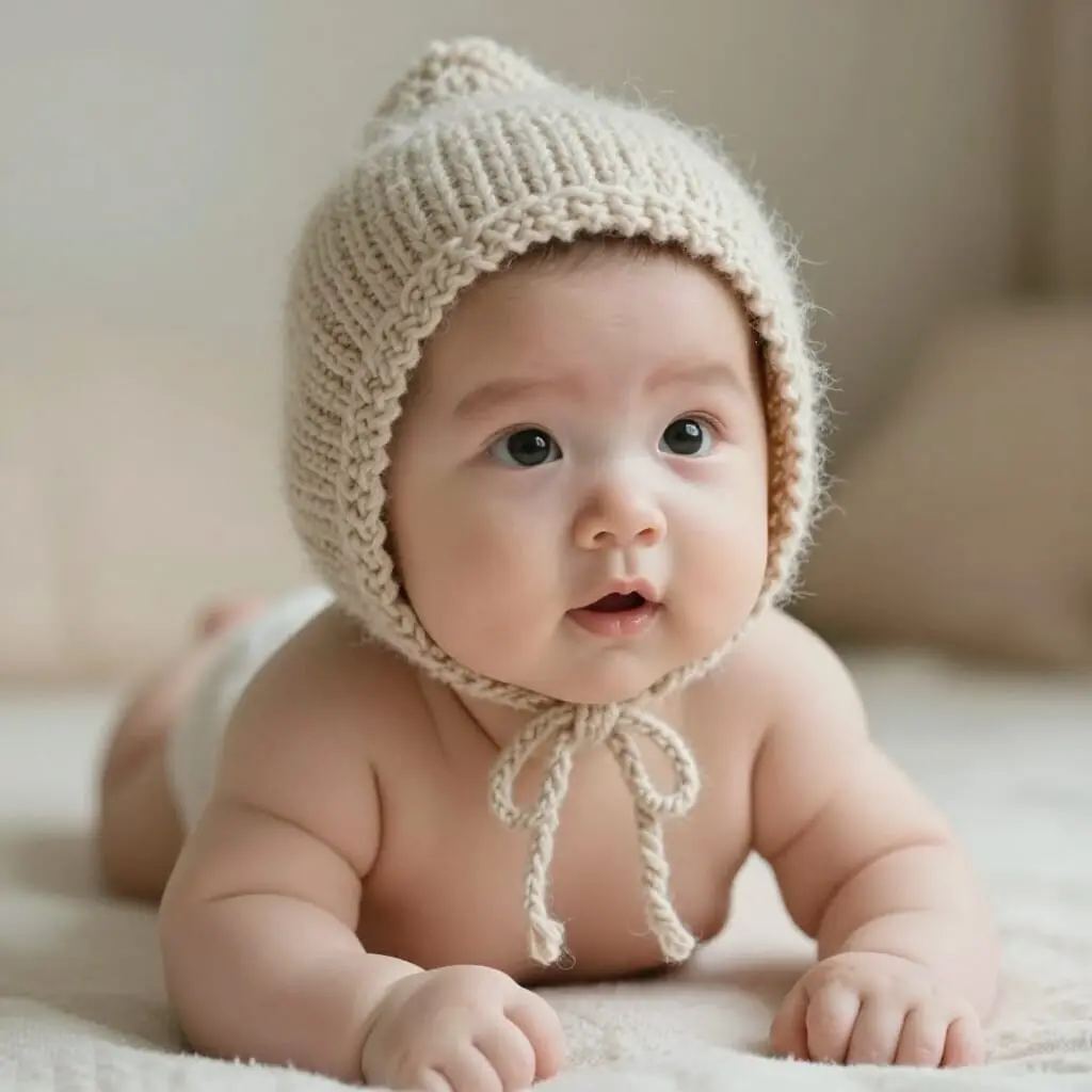 Baby wearing a hand-knit hat made of soft wool, warm and cozy atmosphere
