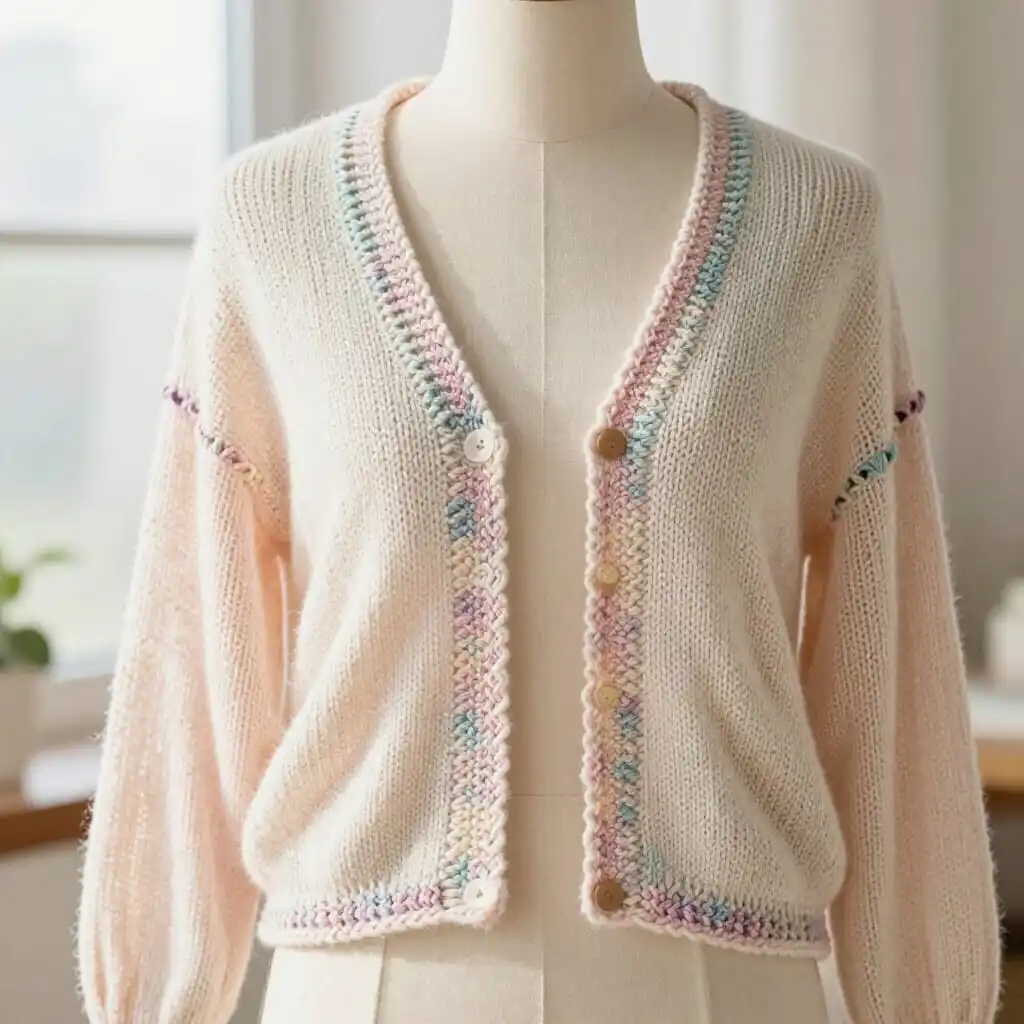 Summer cardigan knitted in light pastel yarn on a mannequin