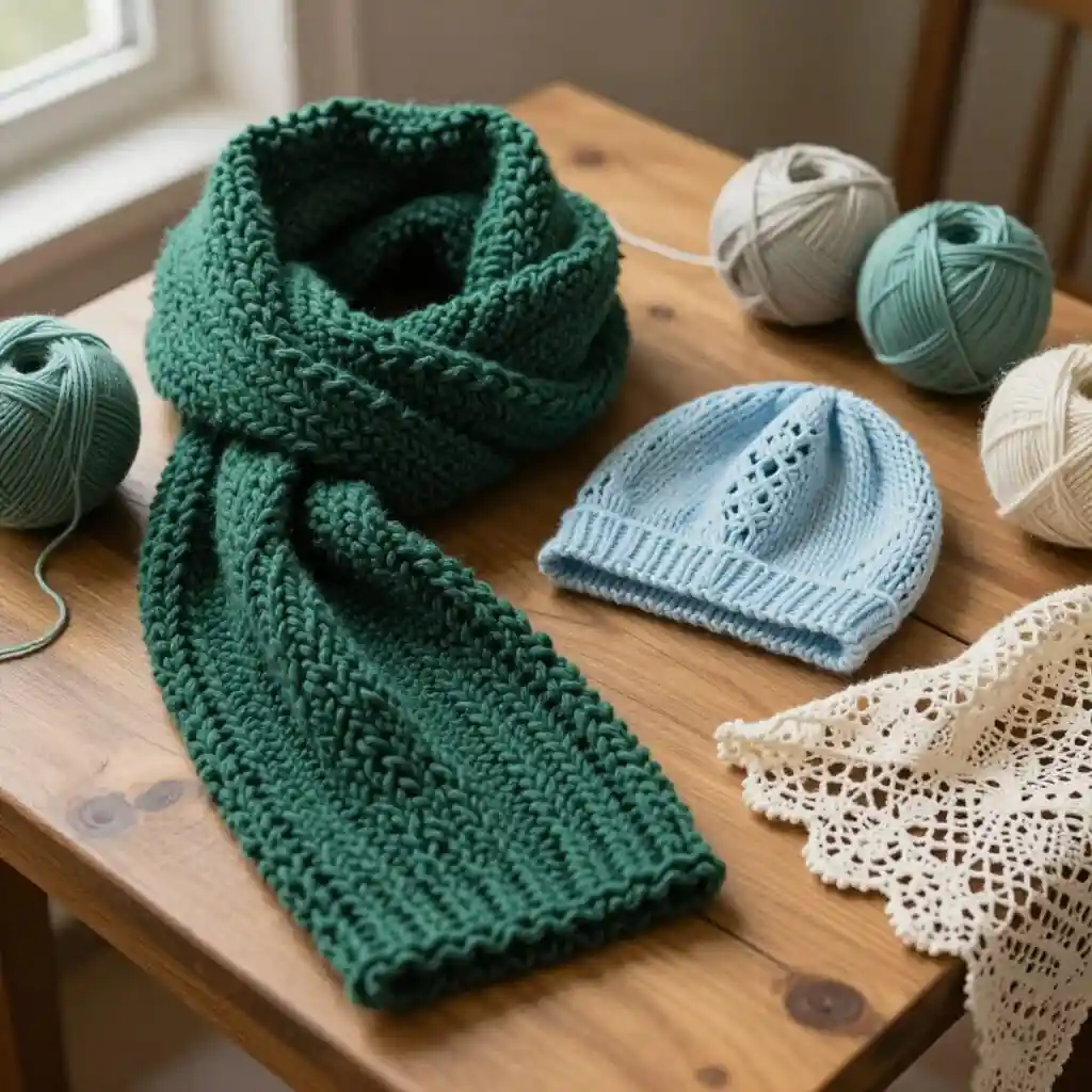 Different knitted projects illustrating various yarn weights