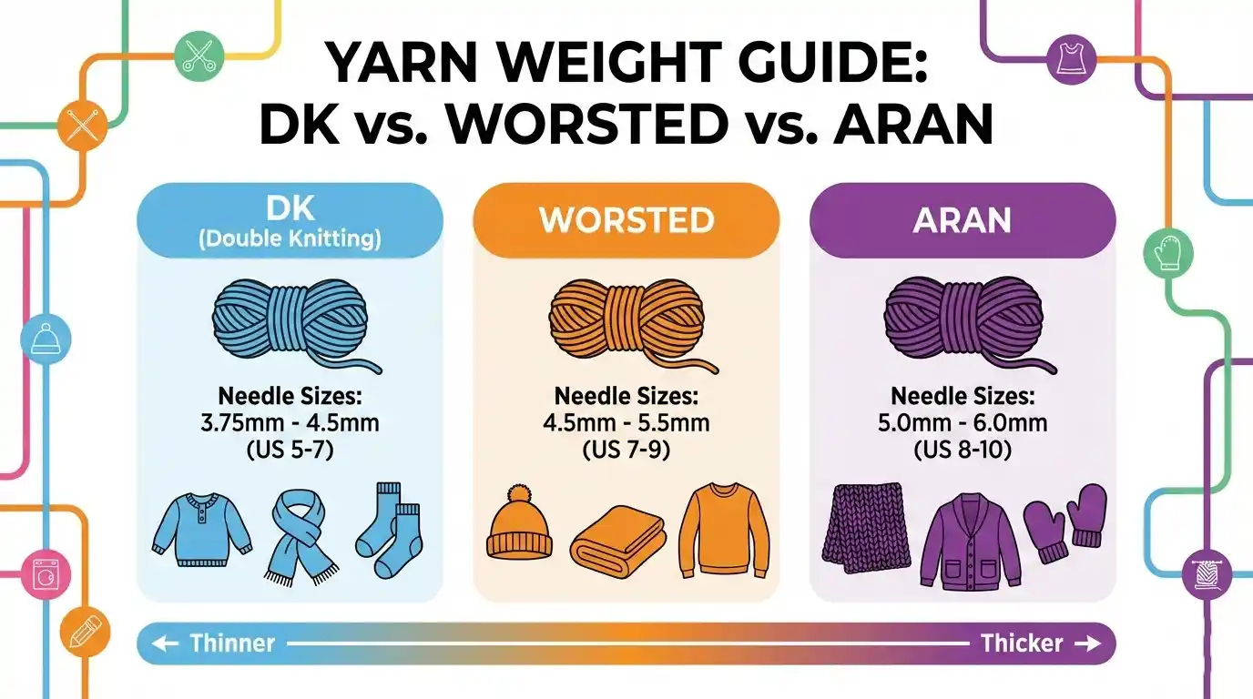 Infographic of DK, worsted, and aran yarns with needle sizes and recommended projects