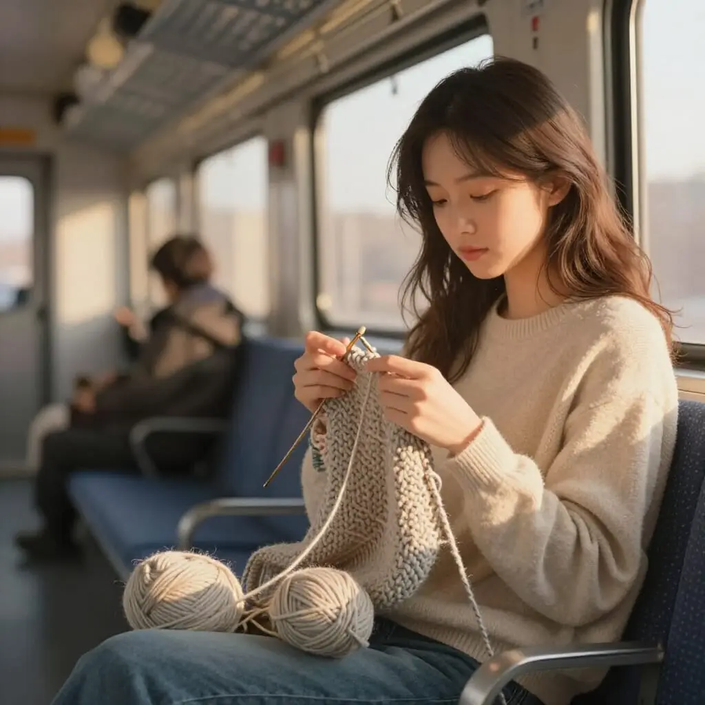 Knitting with lightweight yarns during a daily commute