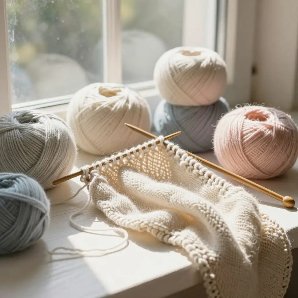 Summer knitting with light pastel yarn, bright and airy atmosphere