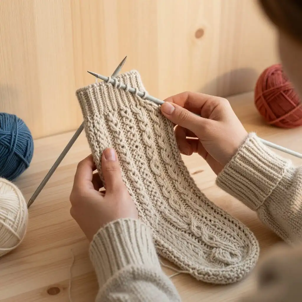 Knitting in the round with fingering weight yarn: sock and cardigan sleeve using Magic Loop with cables and lace, cozy atmosphere
