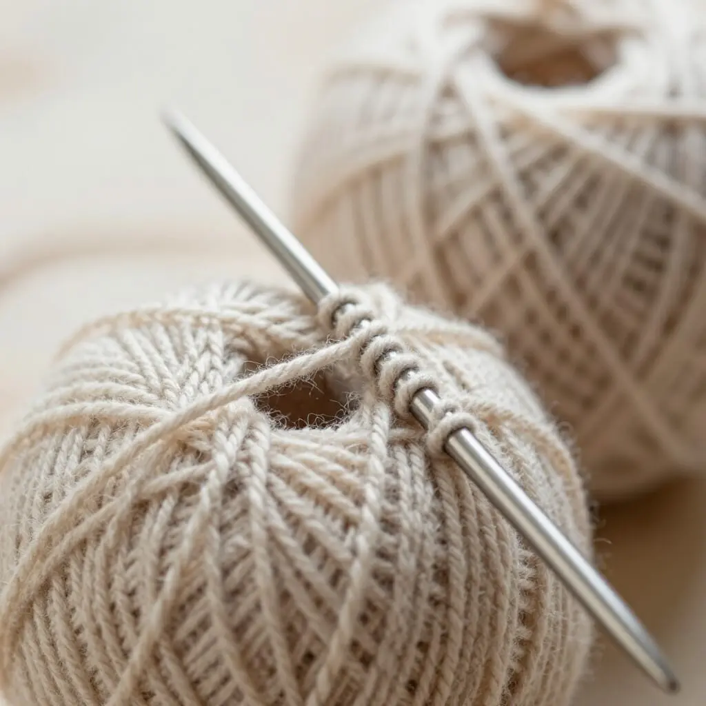A fine lightweight yarn on knitting needles, illustrating strength and durability despite the fineness of the thread