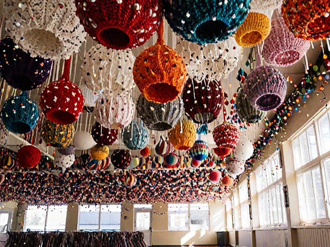 Une multitude de bonnets colorés suspendus