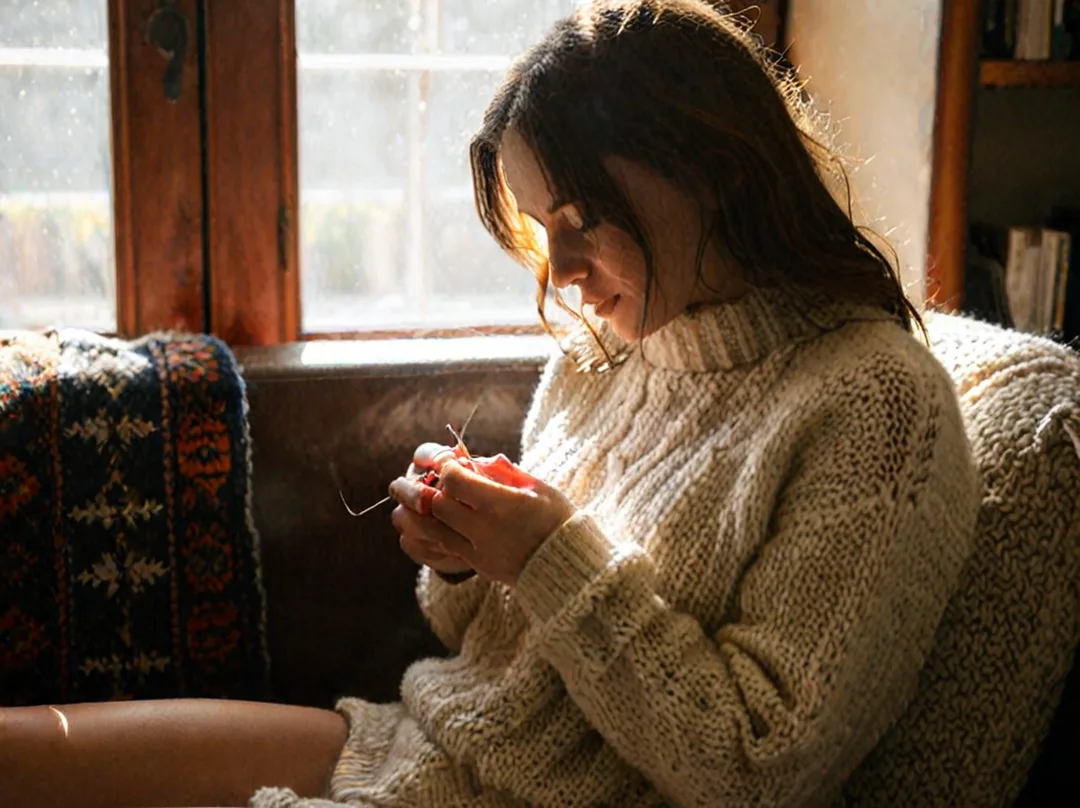 Woman knitting with soft wool