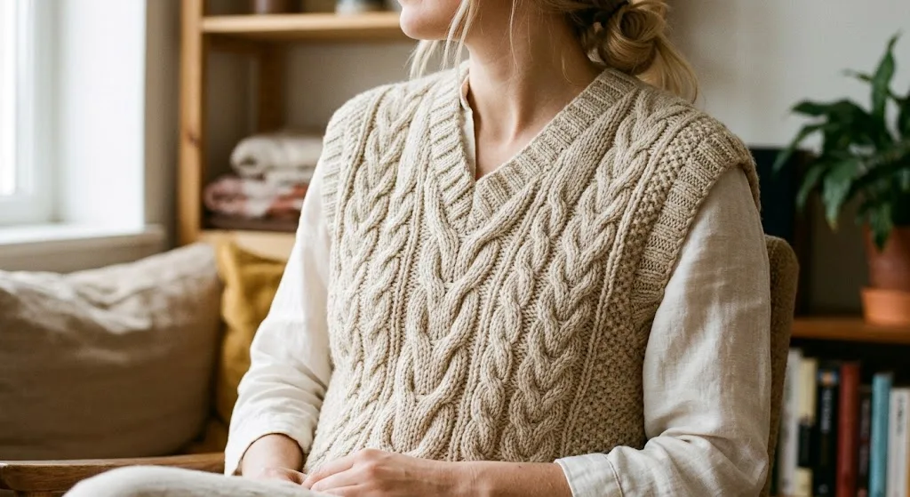 Zoom sur le Patron Canal Twist – Pull sans manches à torsades (XS–XXL)
