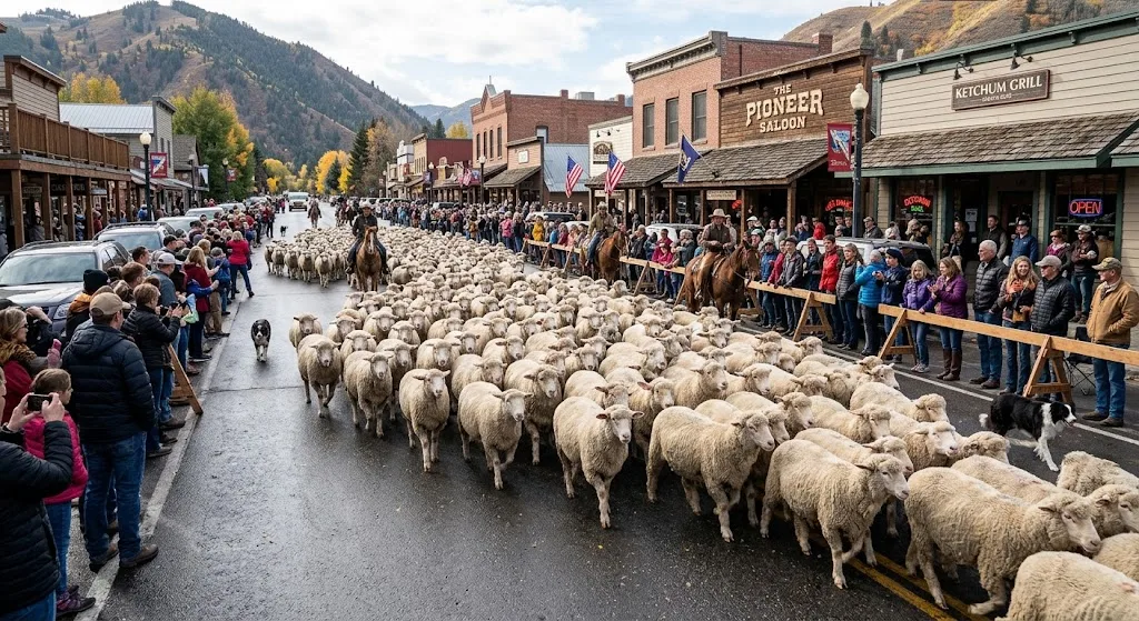 Moutons marchant dans une rue de ville