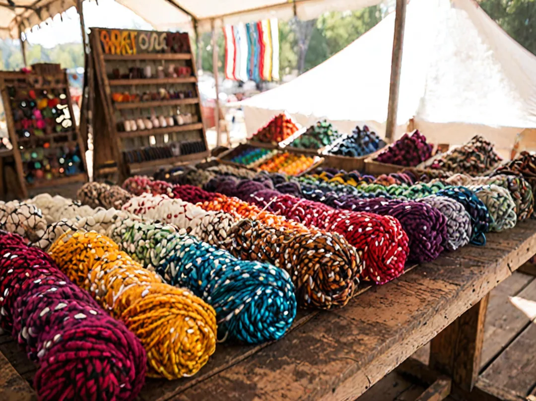 Ambiance du Twist Fibre Festival avec écheveaux de laine colorés