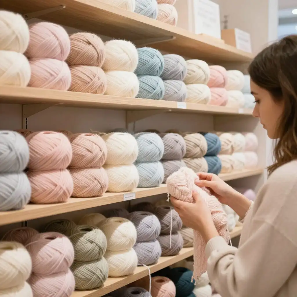 Boutique spécialisée en laine bébé avec pelotes aux couleurs douces et une tricoteuse choisissant la laine