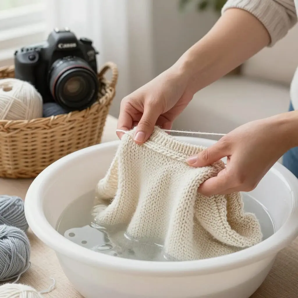 Tricoteuse lavant délicatement un pull tricoté en laine acrylique dans un bac, ambiance chaleureuse et instructive, avec des tricots pliés à côté