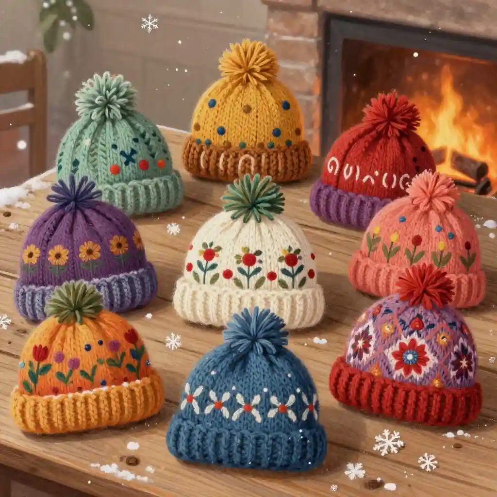 Inspiration de bonnets tricotés faits main, différentes couleurs et motifs