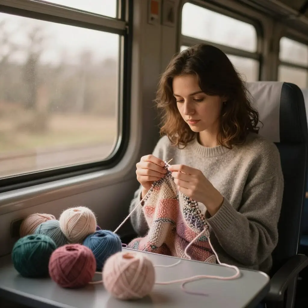 Tricoter de la laine acrylique pendant un trajet en train