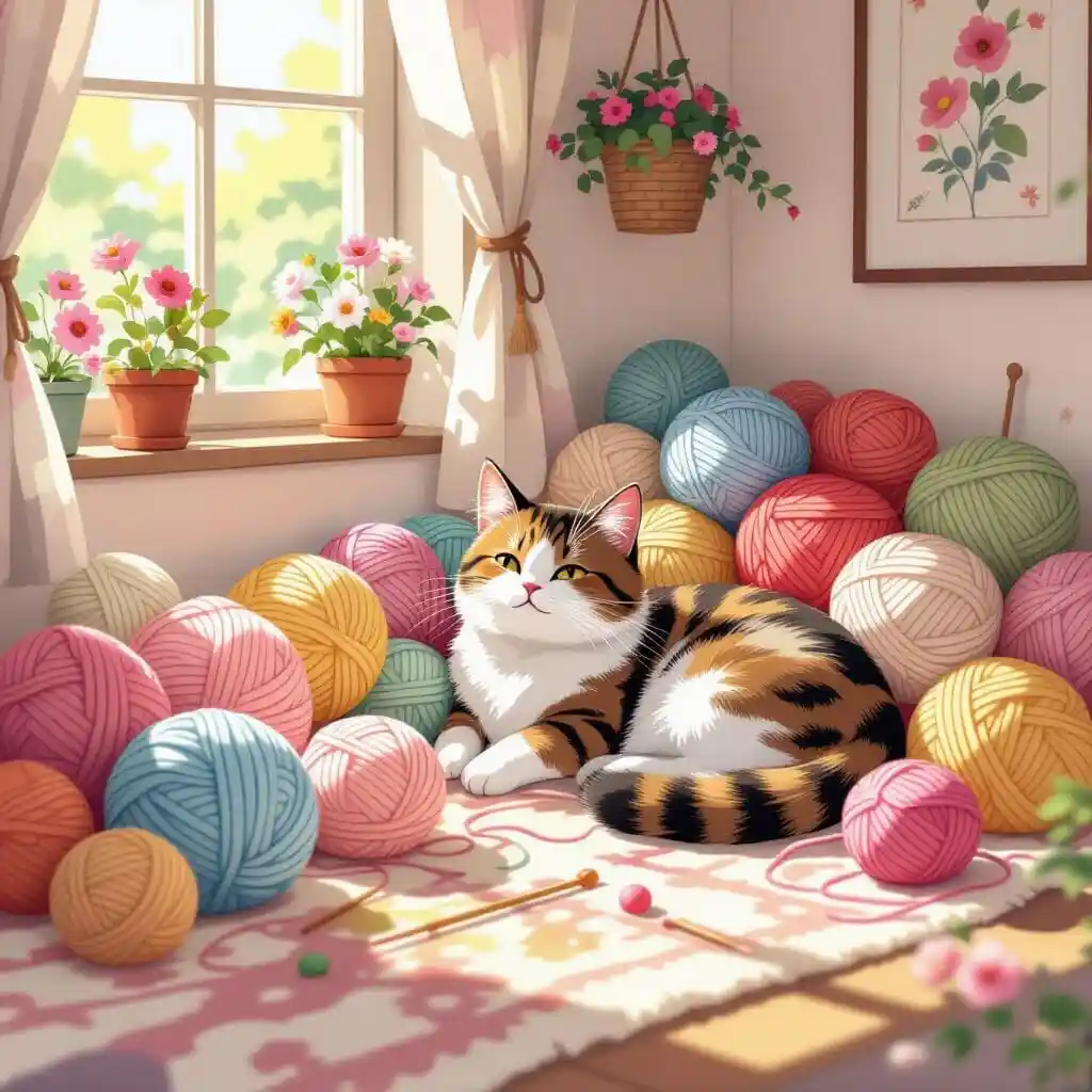 Chat jouant entouré de pelotes de laine dans un univers de tricot chaleureux