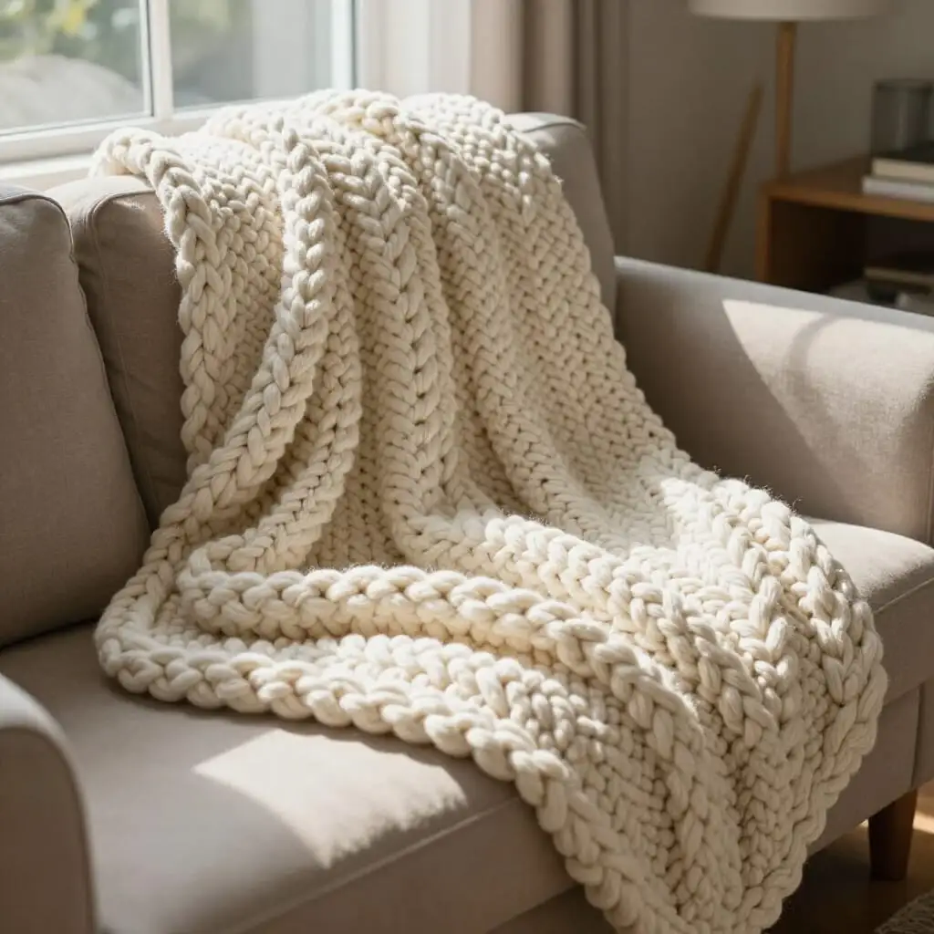 Plaid tricoté en laine acrylique dans un salon familial