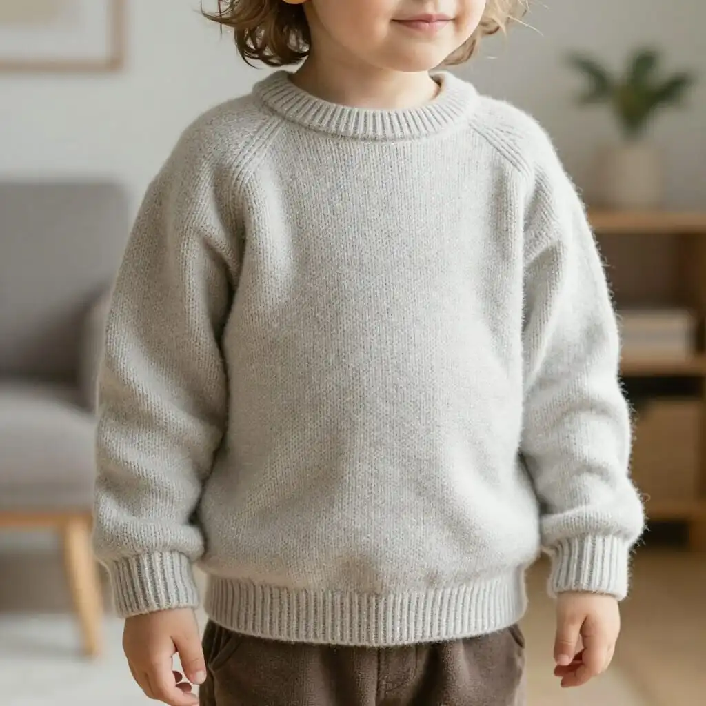Pull tricoté en laine lavable en machine porté par un enfant