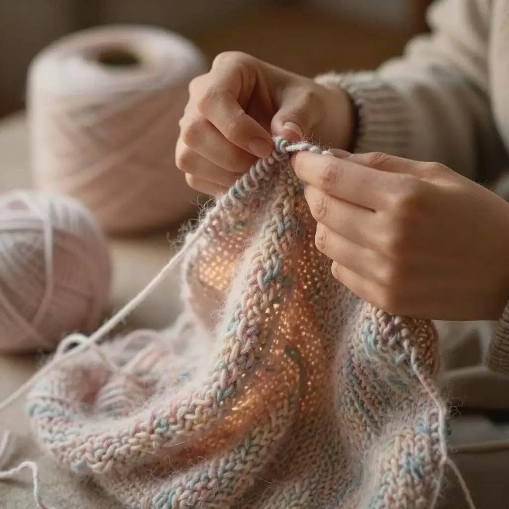 Tricot d’une écharpe en laine mohair douce, ambiance chaleureuse