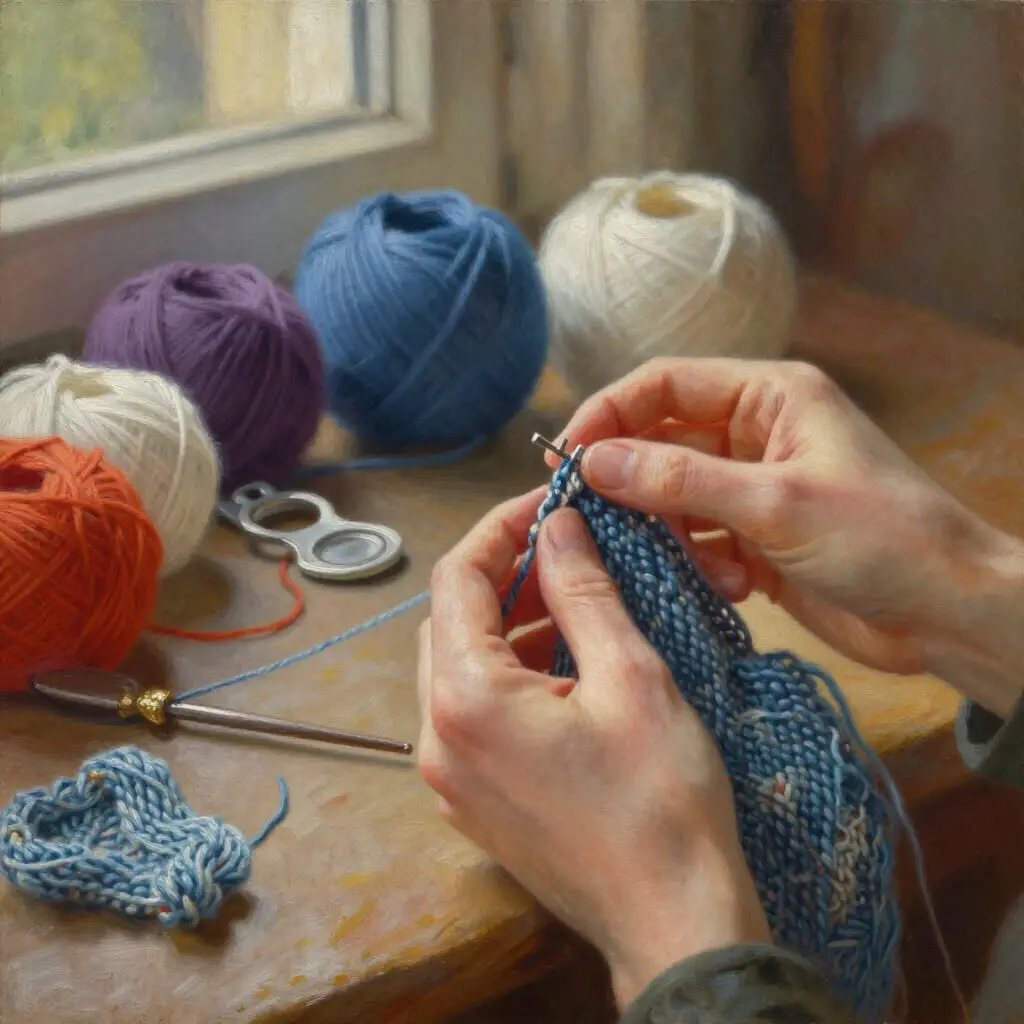 Tricot en cours montrant l’association parfaite entre fil et aiguilles, avec mailles visibles et ambiance chaleureuse