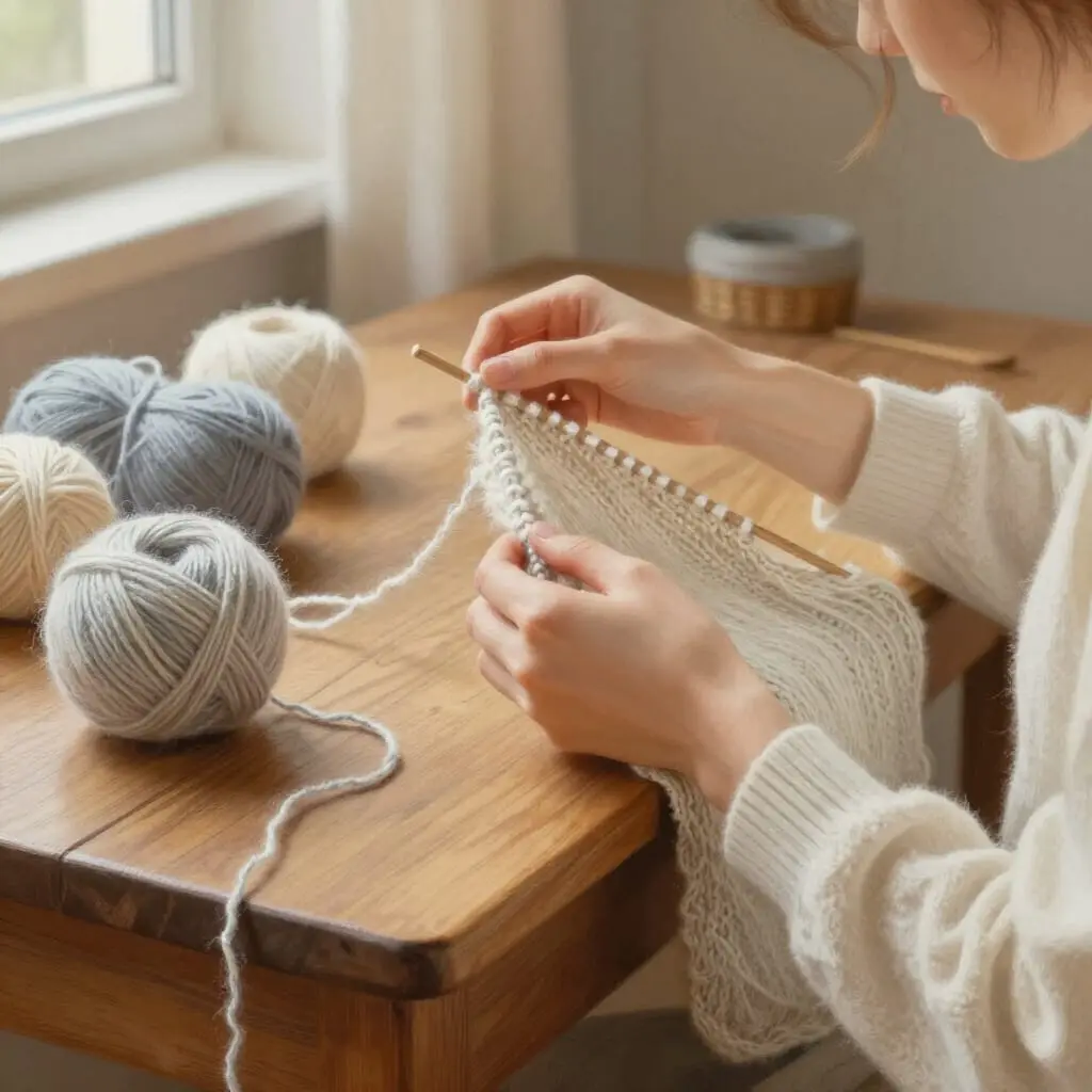 Tricoteuse sélectionnant de la laine hypoallergénique pour un projet personnel