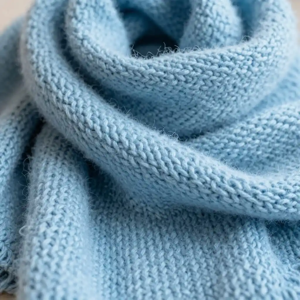 Gros plan d’une écharpe en laine mérinos bleu clair, tricotée à la main, douce et moelleuse, avec détails des mailles visibles.