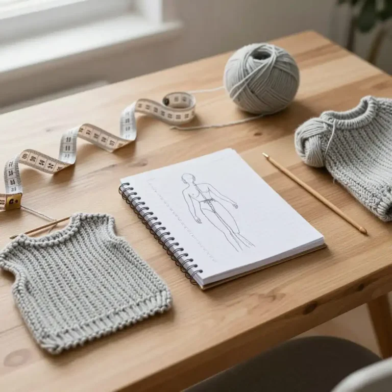 Prise de mesures et patron pour adapter un projet de tricot.