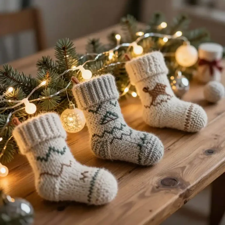 Décorations de Noël tricotées en laine sur une table en bois.