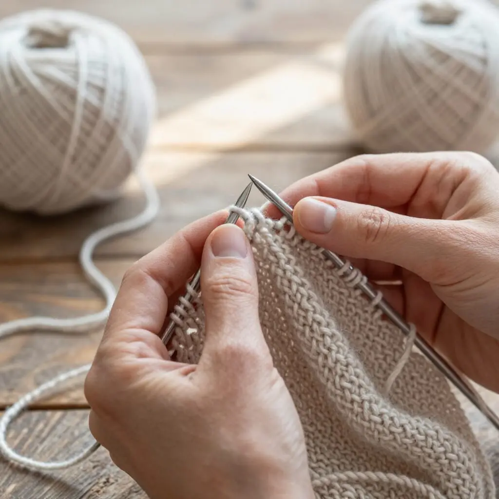 Techniques de diminutions et d'augmentations au tricot sur des aiguilles avec laine claire.