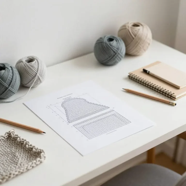 Patron de tricot et diagramme posés sur une table avec laine et aiguilles.