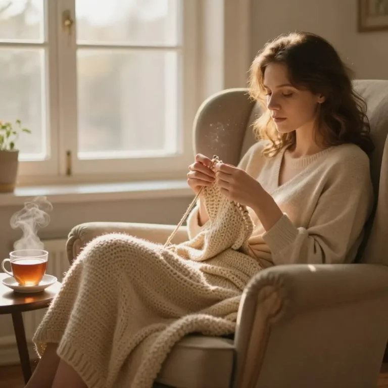 Personne tricotant dans une ambiance calme et relaxante favorisant le bien-être
