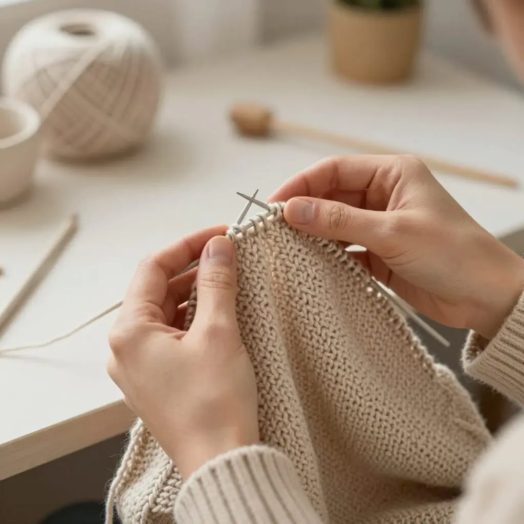 Rabattage des mailles au tricot avec une finition propre et régulière.