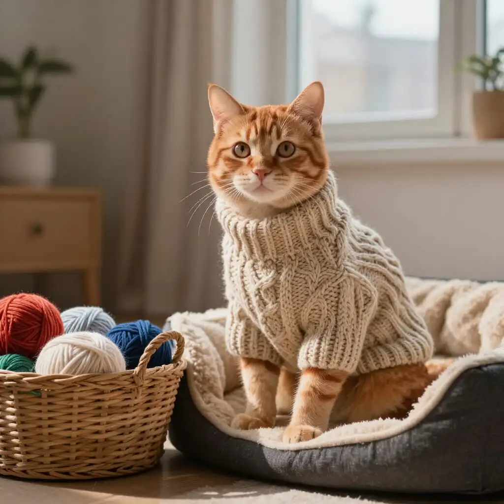 Chat portant un pull tricoté à la main près d'un panier en laine.