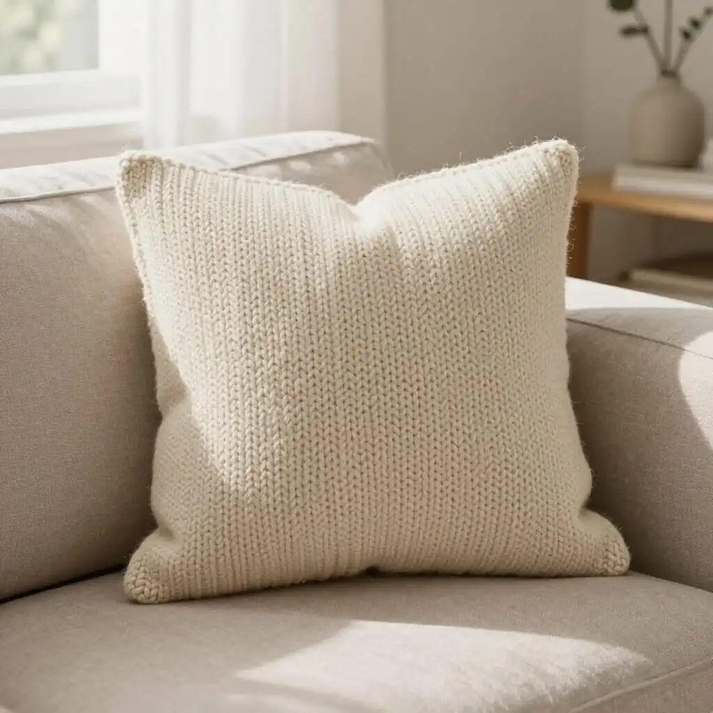 Coussin en laine tricoté dans un salon chaleureux.