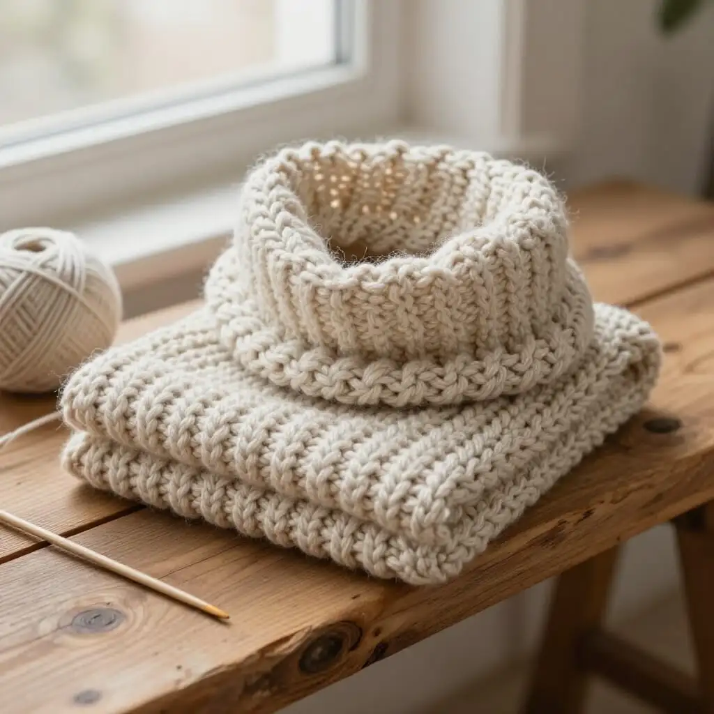 Snood en laine épaisse tricoté à la main.