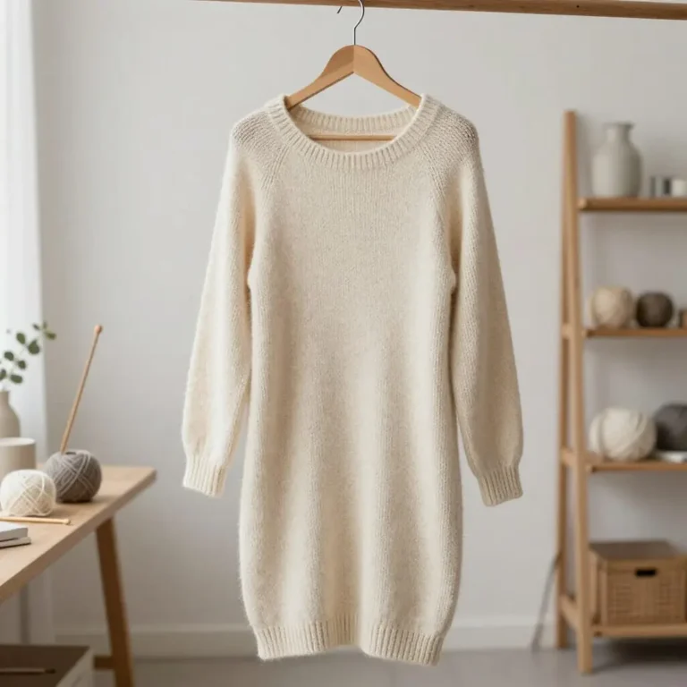 Robe en laine tricotée à la main suspendue sur un cintre.